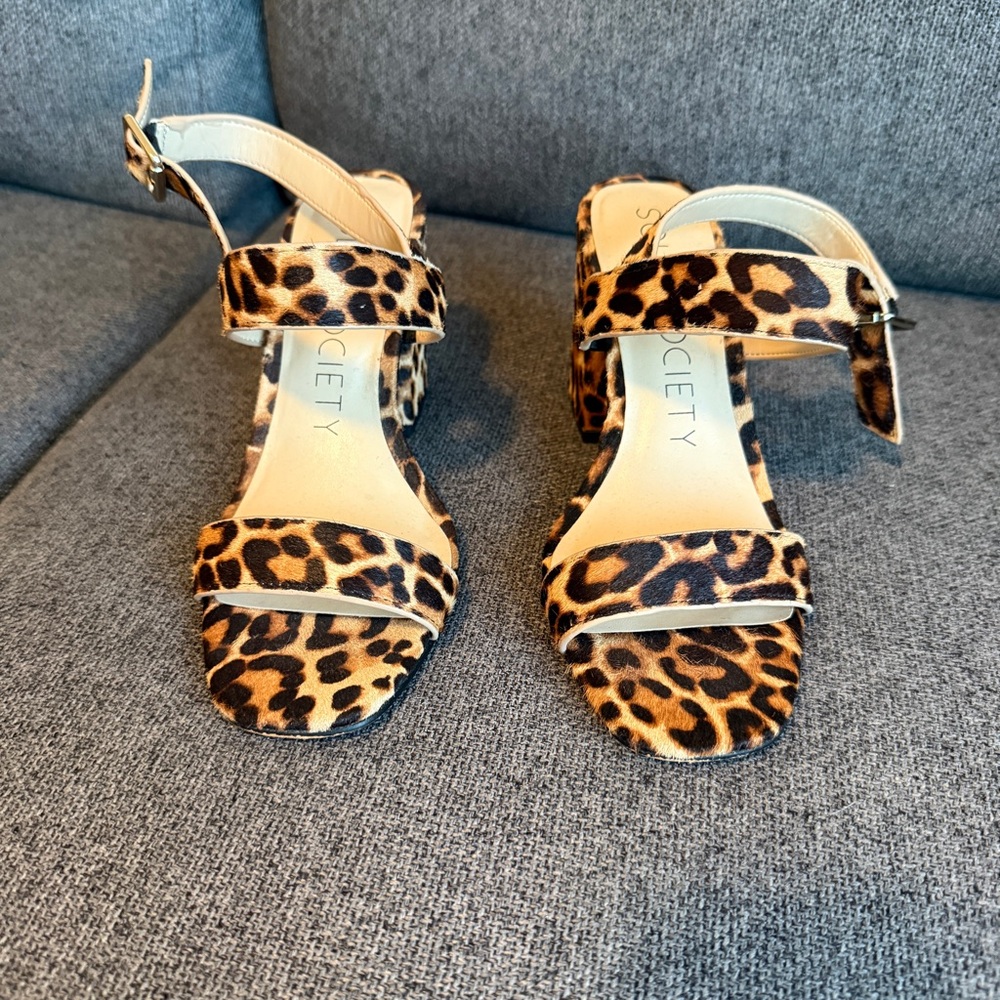 Sole Society Leopard Print Block Heel Sandals - Tan/Black